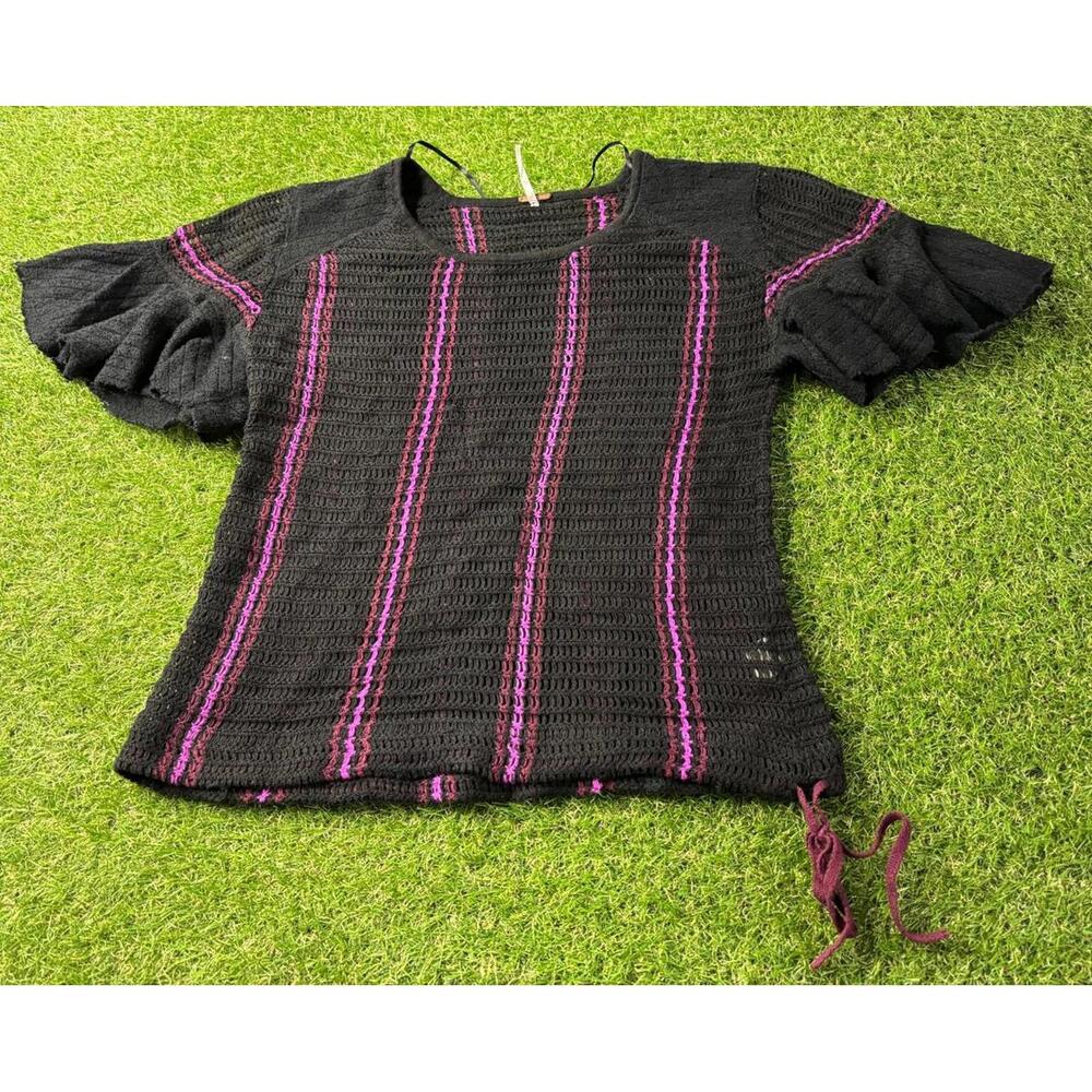 Free People Womens Top‎ Size Small Crochet Semi Sheer Stripe Flutter Sleeve Knit